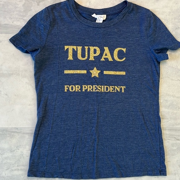Forever 21 Tupac forPRESIDENT  Medium blue women’s cut T-shirt gold glitter SZ M - Picture 1 of 9